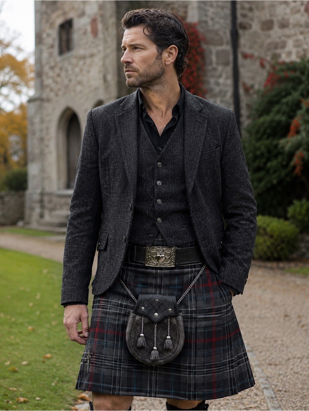 KILT BELT Men's Black Embossed Leather Belt with Celtic Heart Buckle NEW